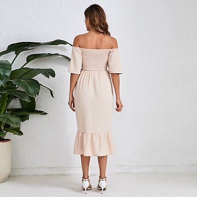 Women's Maternity Off Shoulder Ruffle Short Sleeve Maxi Flowy Tiered A Line Dress