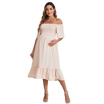 Women's Maternity Off Shoulder Ruffle Short Sleeve Maxi Flowy Tiered A Line Dress