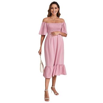 Women's Maternity Off Shoulder Ruffle Short Sleeve Maxi Flowy Tiered A Line Dress