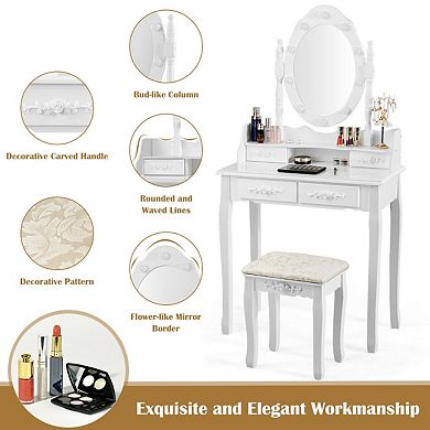 Makeup Vanity Table Set With Lighted Mirror Stool And 3 Drawers