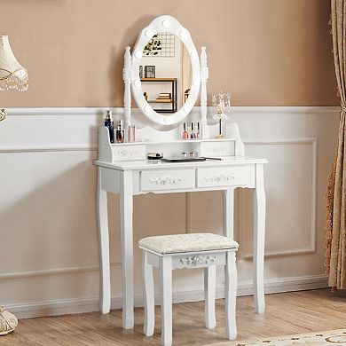Makeup Vanity Table Set With Lighted Mirror Stool And 3 Drawers
