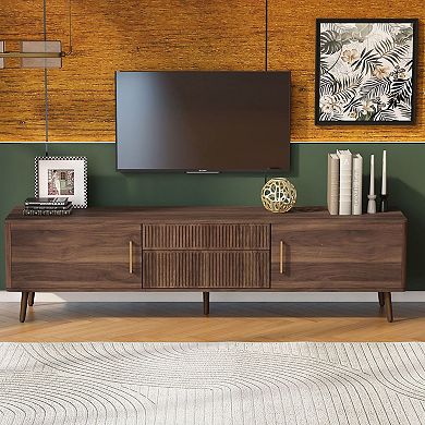 Media Stand with 2 Cabinets, 2 Drawers and Open Surface for TV and Electronics