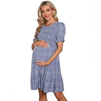 Maternity Dresses Smocked Short Puff Sleeve Floral Flowy Pregnancy Dress