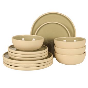 Gibson Elite Made in Portugal Port Gaia 12 pc Plates and Bowls Reactive Glaze Dinnerware Set