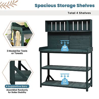 KWPZQEB Wooden Farmhouse Outdoor Potting Bench Table, Patio Workstation with Side Hooks
