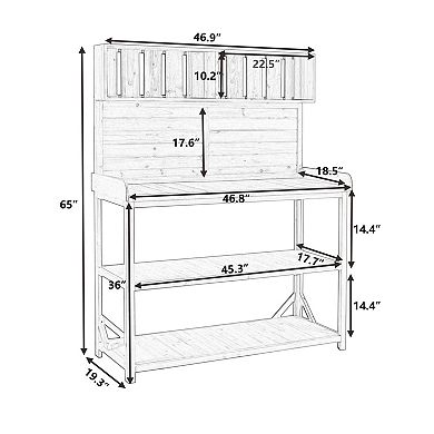 KWPZQEB Wooden Farmhouse Outdoor Potting Bench Table, Patio Workstation with Side Hooks