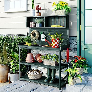 KWPZQEB Wooden Farmhouse Outdoor Potting Bench Table, Patio Workstation with Side Hooks