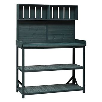 KWPZQEB Wooden Farmhouse Outdoor Potting Bench Table, Patio Workstation with Side Hooks