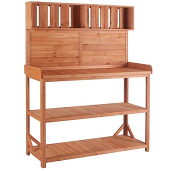 KWPZQEB Wooden Farmhouse Outdoor Potting Bench Table, Patio Workstation with Side Hooks