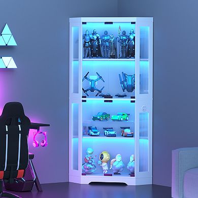 Hexagonal Corner Glass Display Cabinet 4-Tier Curio with LED Lights, Smart Sensor & Charging Ports