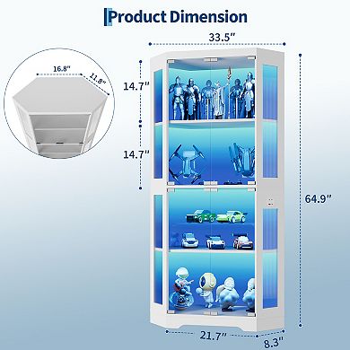 Hexagonal Corner Glass Display Cabinet 4-Tier Curio with LED Lights, Smart Sensor & Charging Ports