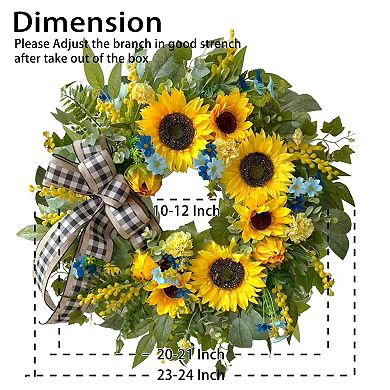 24 Inch Spring Summer Wreath with Sunflowers Linen Ribbon Front Door Wall Home Decoration