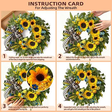 24 Inch Spring Summer Wreath with Sunflowers Linen Ribbon Front Door Wall Home Decoration