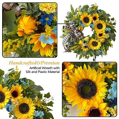 24 Inch Spring Summer Wreath with Sunflowers Linen Ribbon Front Door Wall Home Decoration