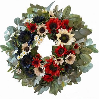 24 Inch Spring Summer Wreath with Sunflowers Linen Ribbon Front Door Wall Home Decoration