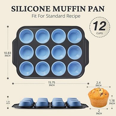 Zoulao Silicone Muffin Pan w/ Metal Frame, 12-Cup, Nonstick, Egg Bite Mold, Blue