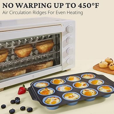 Zoulao Silicone Muffin Pan w/ Metal Frame, 12-Cup, Nonstick, Egg Bite Mold, Blue