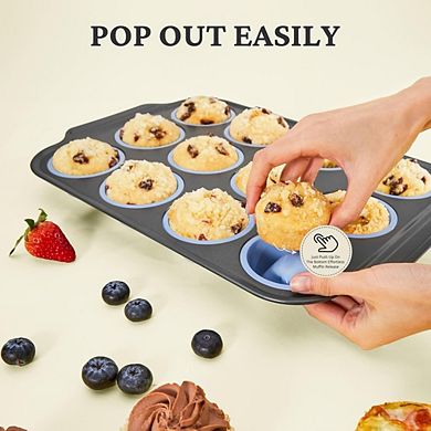 Zoulao Silicone Muffin Pan w/ Metal Frame, 12-Cup, Nonstick, Egg Bite Mold, Blue