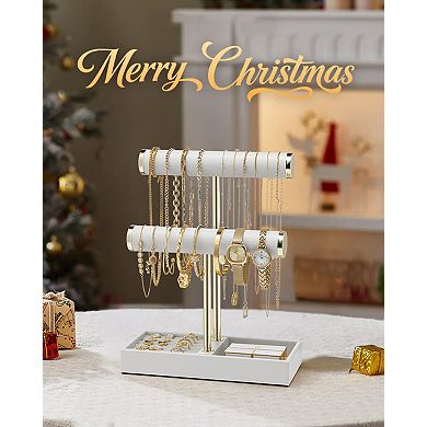 2 Tier White Leather Jewelry Stand Organizer with Tray for Bracelets Necklaces Rings 1 Piece