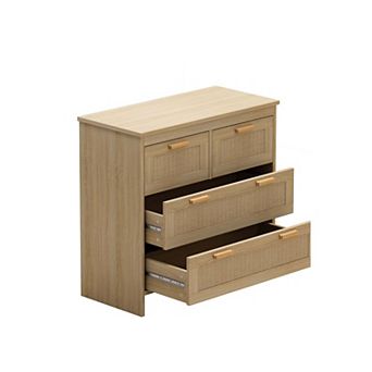 Rattan 4 Drawer Dresser Natural Wood Chest of Drawers for Bedroom Living Room Storage