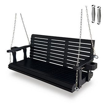 Wooden Porch Swing 3-Seater, Bench Swing with Cupholders, Hanging Chains and 7mm Springs