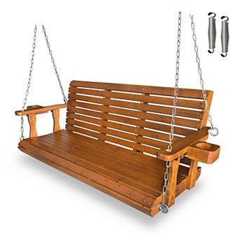 Wooden Porch Swing 3-Seater, Bench Swing with Cupholders, Hanging Chains and 7mm Springs