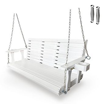Wooden Porch Swing 3-Seater, Bench Swing with Cupholders, Hanging Chains and 7mm Springs
