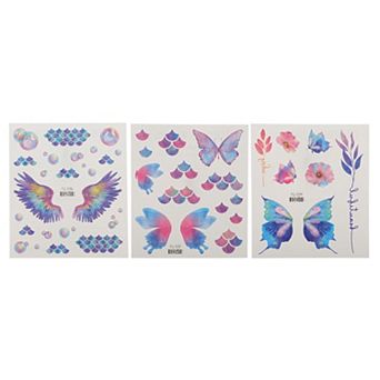 No Adhesive Fake Tattoos Blue Pink 3 pc