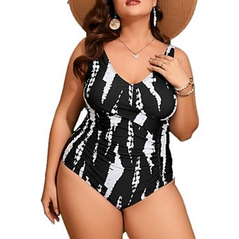 Plus Size Abstract Print One Piece Swimsuit Tummy Control V-Neck Bathing Suit for Women