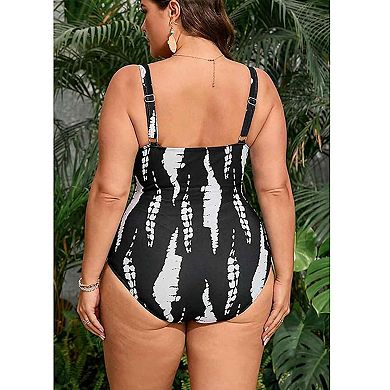 Plus Size Abstract Print One Piece Swimsuit Tummy Control V-Neck Bathing Suit for Women
