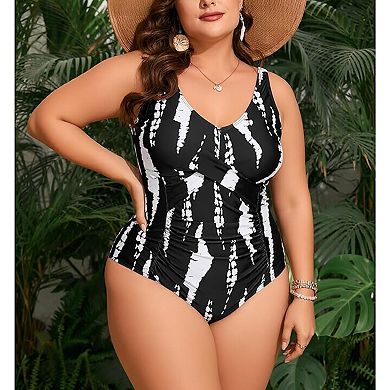 Plus Size Abstract Print One Piece Swimsuit Tummy Control V-Neck Bathing Suit for Women