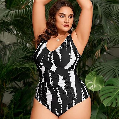 Plus Size Abstract Print One Piece Swimsuit Tummy Control V-Neck Bathing Suit for Women