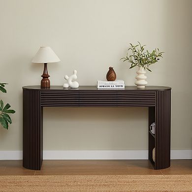 KWPZQEB Retro Round Slat Aesthetic Console Table with 3 Drawers & 1 Table-Leg Niche for Entryway