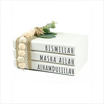 Islamic Wooden Book Stack with Wood Bead Tassels for Eid Decor