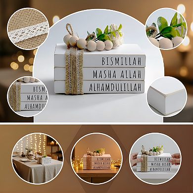 Islamic Wooden Book Stack with Wood Bead Tassels for Eid Decor