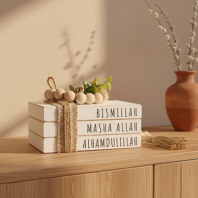 Islamic Wooden Book Stack with Wood Bead Tassels for Eid Decor