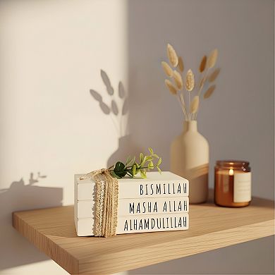 Islamic Wooden Book Stack with Wood Bead Tassels for Eid Decor