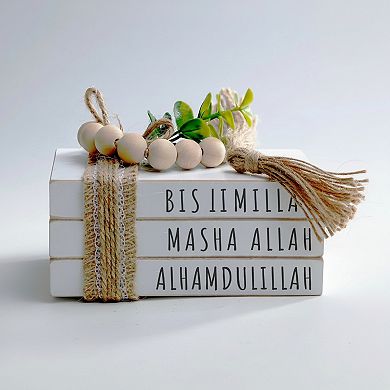 Islamic Wooden Book Stack with Wood Bead Tassels for Eid Decor