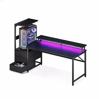 59" LED Gaming Desk with USB Charging & Reversible Shelves: Ergonomic Monitor Stand, Fabric Drawers