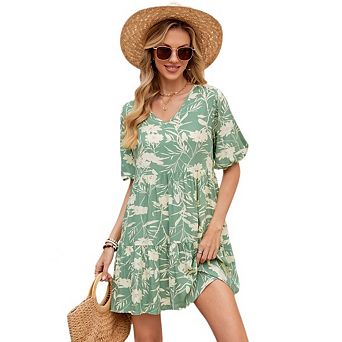 Casual Dresses for Women Lapel Collared V Neck Mid Sleeved Pleated Summer Midi Dresses