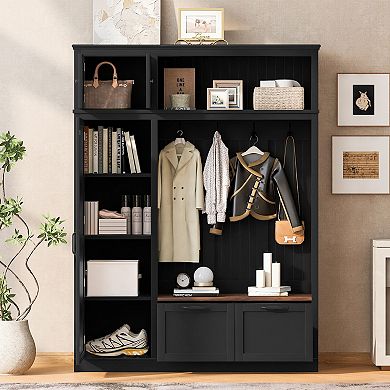 KWPZQEB 3-in-1 Hall Tree, Multifunctional Entryway Organizer with 4 Hooks & 2 Drawers & Bench
