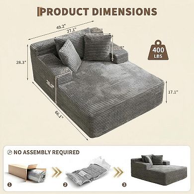 Oversized Corduroy Sleeper Sofa, 50" Comfy Chaise Lounge Indoor for Living Room, with 3 Pillows
