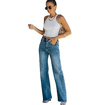Women's Jeans High Waisted Classic Casual Straight Leg Frayed Demin Jeans
