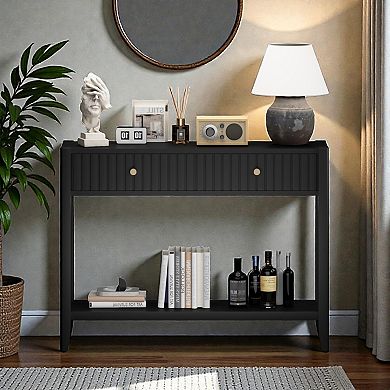 Heybly Narrow Console Table, Wood Accent Sofa Table with Storage Shelf, Entryway Hallway Table