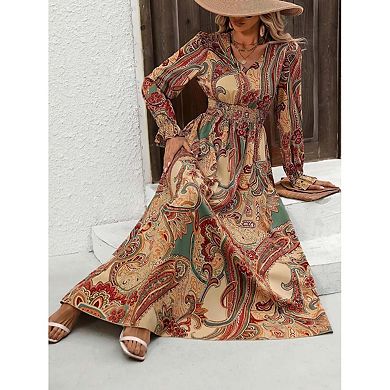 Seoria Long Sleeve Ruffle V Neck Maxi Dress
