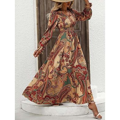 Seoria Long Sleeve Ruffle V Neck Maxi Dress