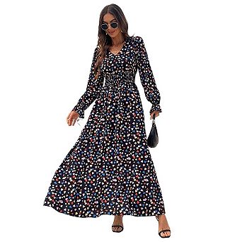 Seoria Long Sleeve Ruffle V Neck Maxi Dress