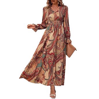 Seoria Long Sleeve Ruffle V Neck Maxi Dress