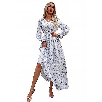 Seoria Long Sleeve Ruffle V Neck Maxi Dress
