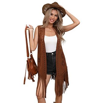 Womens Fringe Vest Cowgirl Western Outfits 70s Sleeveless Hollow Out Tassel Outerwear